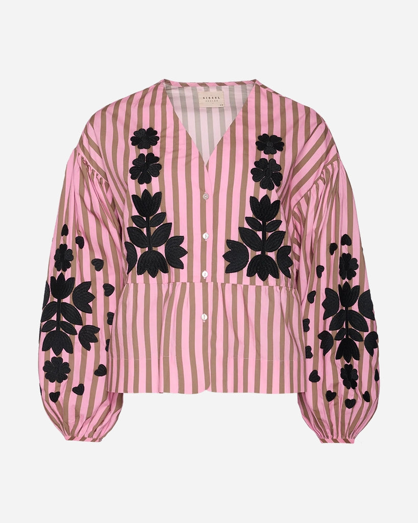 Luźna, bawełniana bluzka w paski Rikke SISSEL EDELBO z trójkątnym dekoltem i efektownymi, długimi, balonowymi rękawami