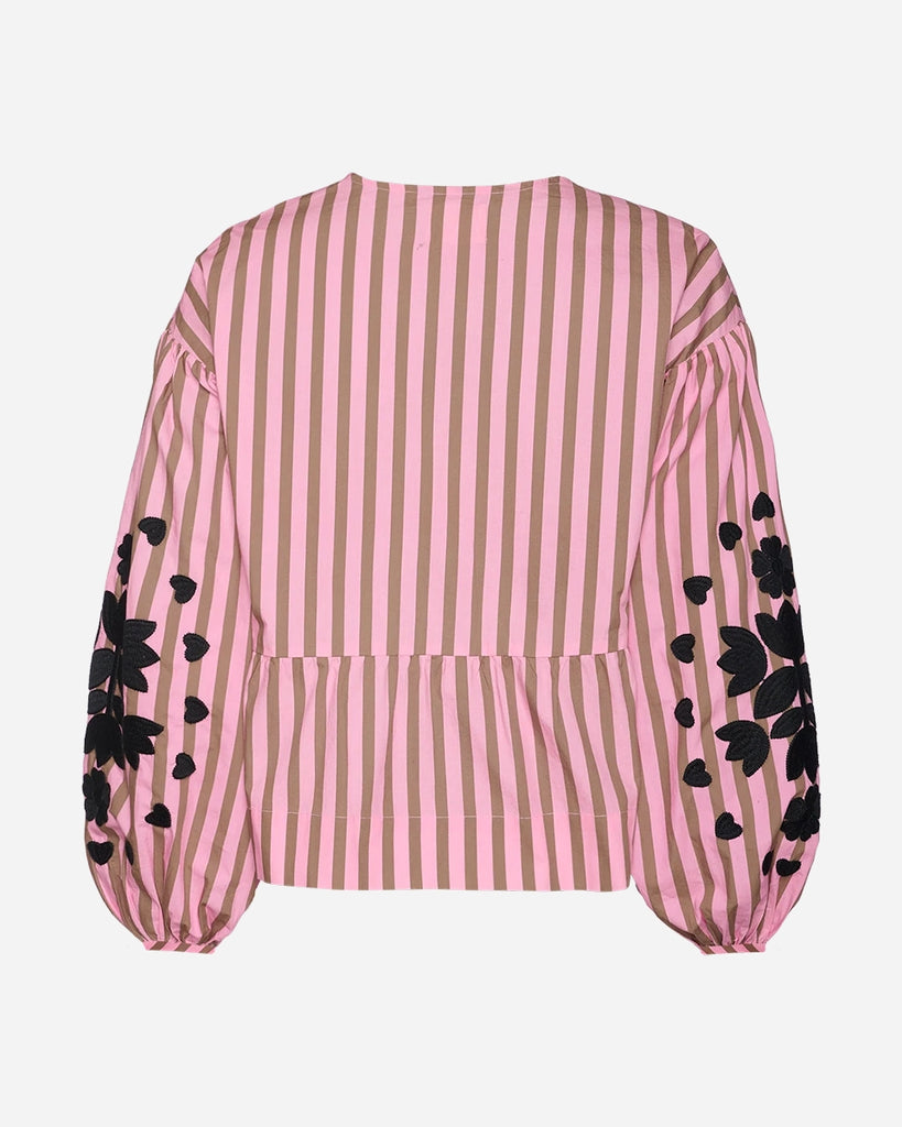 Luźna, bawełniana bluzka w paski Rikke SISSEL EDELBO z trójkątnym dekoltem i efektownymi, długimi, balonowymi rękawami