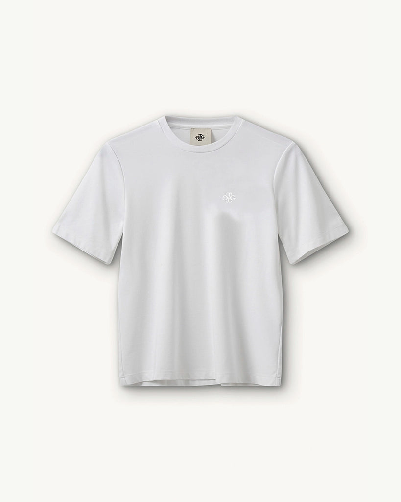 Luźny, biały t-shirt z haftem z logo marki The Garment