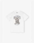 Luźny, bawełniany, biały t-shirt BASIC COTTON JERSEY Leopard GANNI z okrągłym dekoltem i krótkim, szerokim rękawem. Z przodu posiada uroczą grafikę oraz logo GANNI. Wykonany z miękkiej bawełny organicznej. Idealny z jeansami lub spódnicą.

-Luźny fason

-Miękka bawełna organiczna&nbsp;

-Zamów t-shirt w swoim standardowym rozmiarze. Jeśli chcesz, żeby był bardziej oversizowy - zamów go w większym rozmiarze.