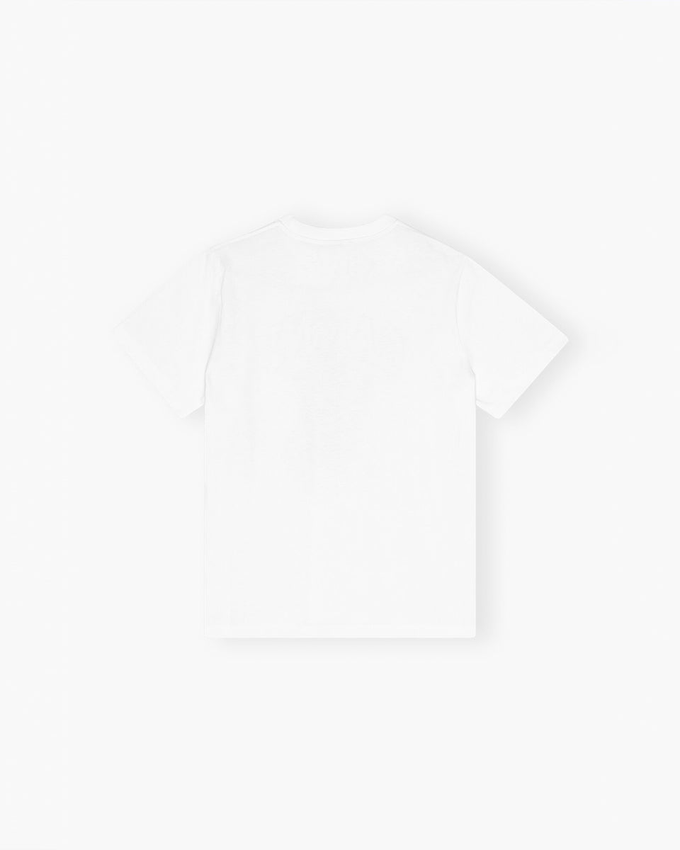 Luźny, bawełniany, biały t-shirt BASIC COTTON JERSEY Leopard GANNI z okrągłym dekoltem i krótkim, szerokim rękawem. Z przodu posiada uroczą grafikę oraz logo GANNI. Wykonany z miękkiej bawełny organicznej. Idealny z jeansami lub spódnicą.

-Luźny fason

-Miękka bawełna organiczna&nbsp;

-Zamów t-shirt w swoim standardowym rozmiarze. Jeśli chcesz, żeby był bardziej oversizowy - zamów go w większym rozmiarze.
