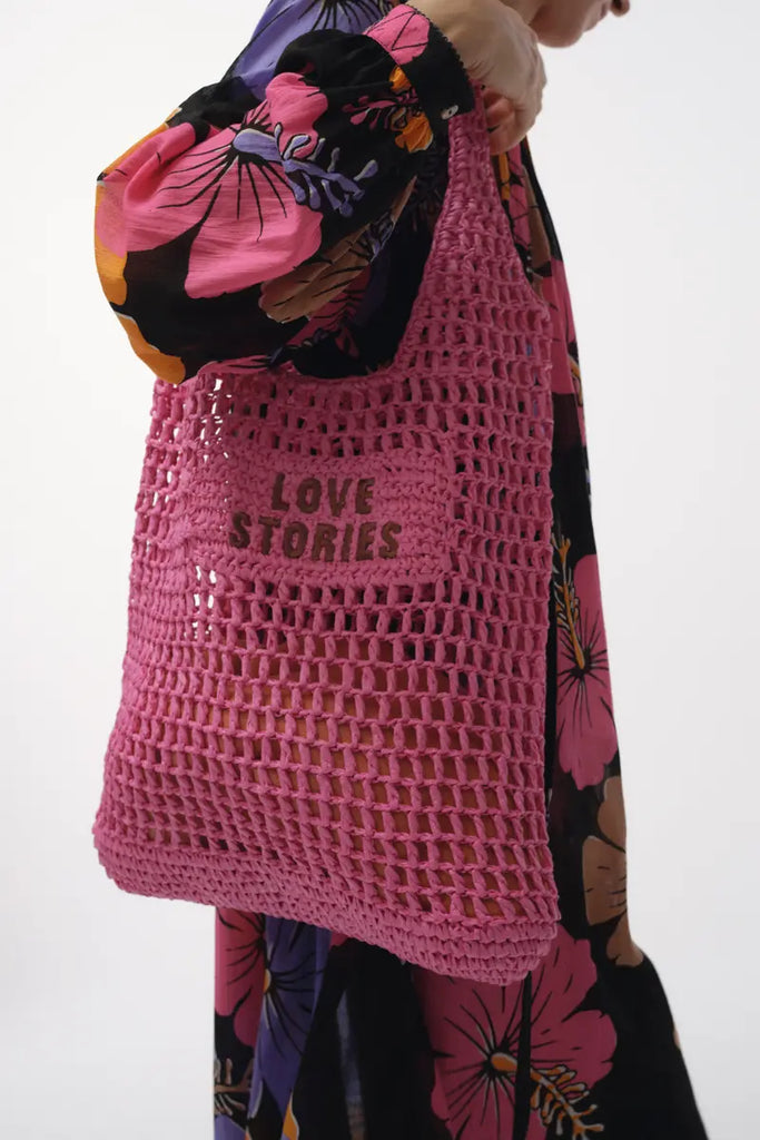 Duża różowa pleciona torba shopper Straw Pink Love Stories